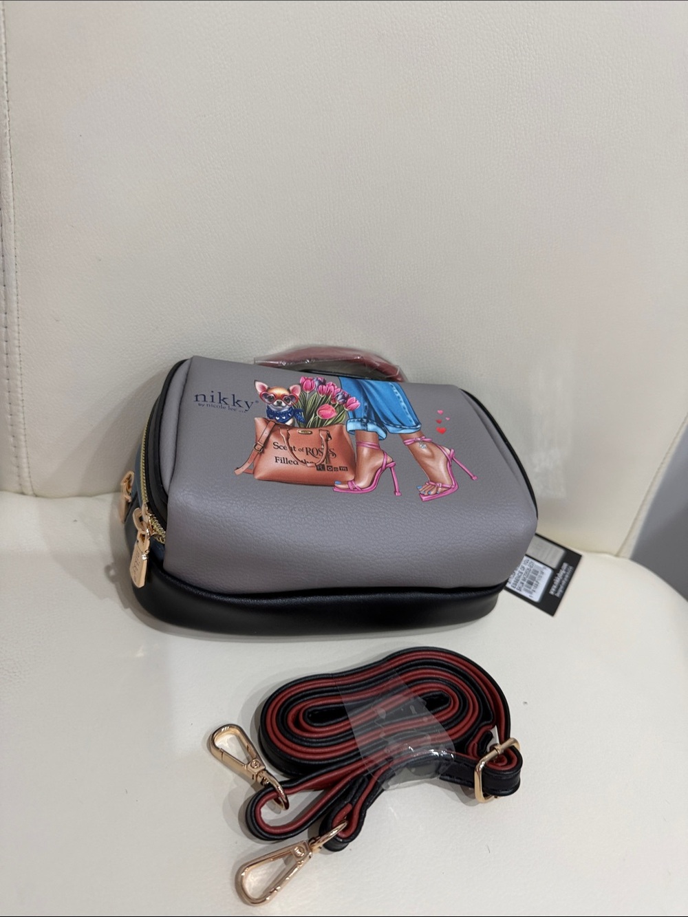 Nikky by Nicole Lee Gray and Black Crossbody Bag with Floral& Puppy Print